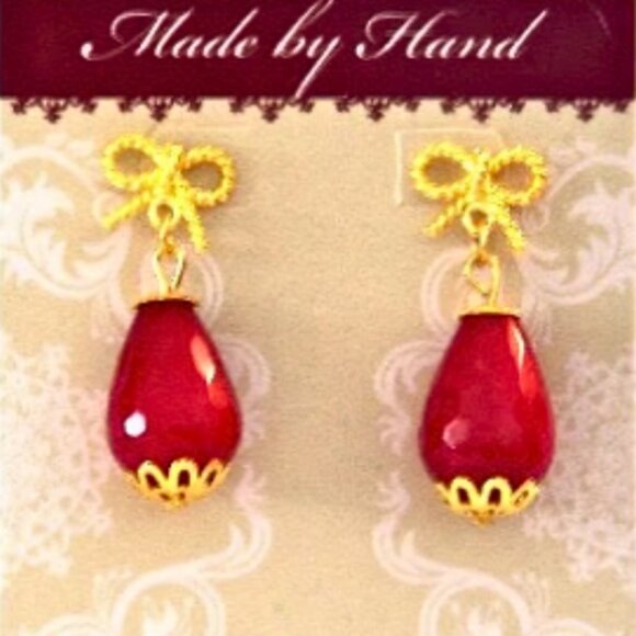 Gold Bowtie Ruby Jade Drop Earrings - Picture 1 of 3